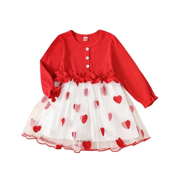 0-4Y Бебе момичета случайни рокля Свети Валентин ден дълъг ръкав Ruffle сърце печат тюл Tutu окото рокли детски дрехи