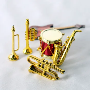 1:12 Dollhouse миниатюрни саксофон барабан комплект извити тръба малък среден разпенващ класически музикален инструмент сцена модел подпори