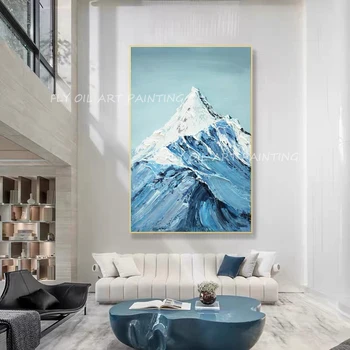 100% Ръчно изработен лукс прост чист северен сняг планински пейзаж синьо платно Живопис с маслени бои веранда пътека за хол