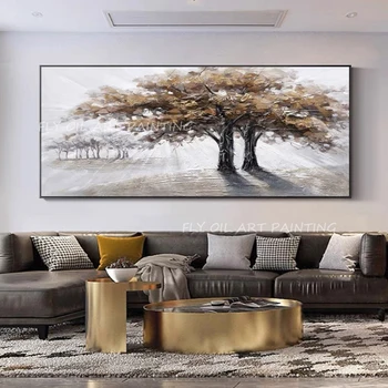 100% Ръчно изработено златно фолио голям размер дърво гора извън картина сиво платно дебел маслени бои за декорация на дома в хола