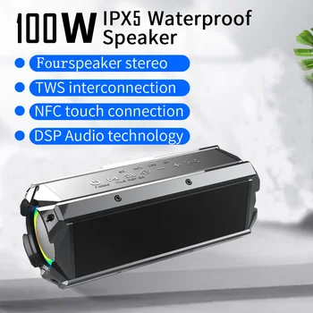 100W Bluetooth високоговорител Портативна безжична колона Звукова система за домашно кино 360 стерео външен музикален център високоговорител
