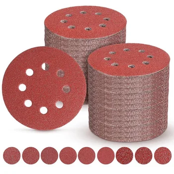 105Piece шлифовъчен диск кука и контур шлифовъчни дискове, 5 инча 8 дупка червен пясък хартия 40,60,80,120,180,240,320,400,600 Girts
