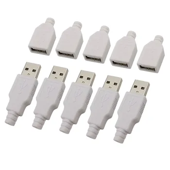 10Pcs USB тип A 4-пинов мъжки женски конектор с бяла обвивка тип-A USB 2.0 адаптер за гнездо за DIY връзка за данни