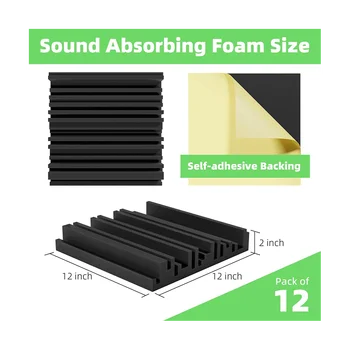 12 пакет самозалепващи се звукоизолиращи панели от пяна, 12x12x2Inch акустична пяна, високоустойчива звукоизолация подложка - черна