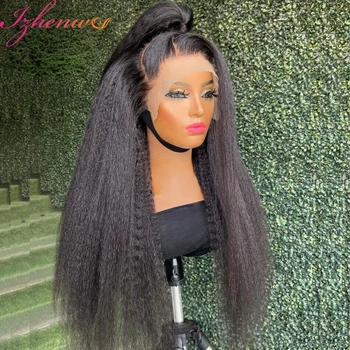 13x6 Извратени права дантела предна перука предварително оскубани Yaki бразилски 5x5 прозрачна дантела затваряне човешка коса перука за жена естествена коса