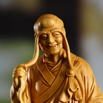 15CM Лоън с дълги вежди Чемшир скулптура Фън Шуй дърворезба Буда монах колекция орнаменти
