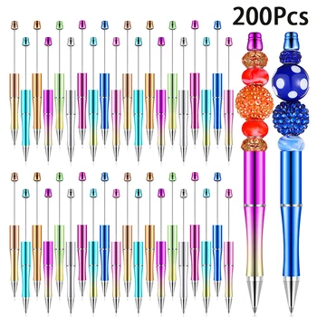 200Pcs галванично градиент цвят пластмасови Beadable писалки топчета химикалка вал черно мастило формован писалки