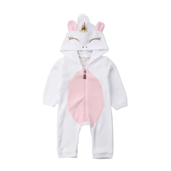2019 Най-новият стил прекрасен 3D еднорог новородено бебе момичета фланела гащеризон гащеризон костюми есен пролет дрехи бял 0-24M