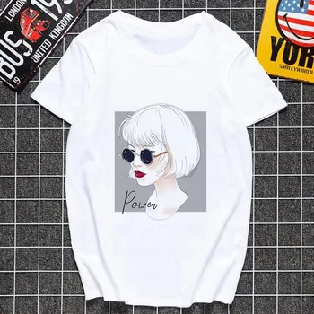 2019 Нова тениска Отпечатана тениска Harajuku Тениска Дамска мода красиво момиче лятна тениска О-образно деколте Къс ръкав Бели върхове Дамско облекло