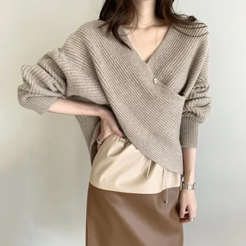 2021 Корейска мода V-образно деколте плетен пуловер отгоре Blusa елегантен женски твърд пуловер кайсиево сиво черно каки хлабав жени нередовни
