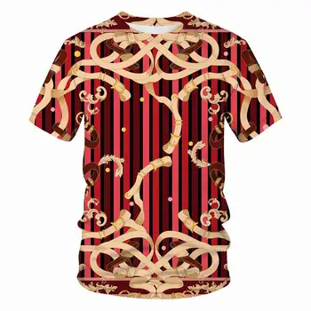 2021 Тенденции Модна марка Мъже/Жени Плюс размер T ризи Червени вертикални ивици златен колан печат дишаща хлабав топ тениски
