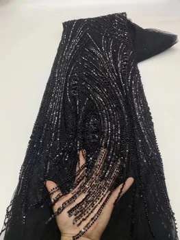 2022 Най-новите нигерийски черна дантела плат африкански тюл дантела луксозни ръчно изработени мъниста пайети плат за мода сватба вечерна рокля