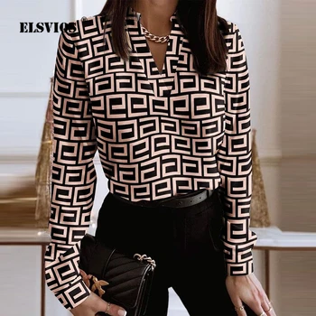 2022 Пролет елегантен печатни блуза риза жени случайни дълъг ръкав пуловер върховете офис дама мода v-образно деколте тънък Blusa улично облекло