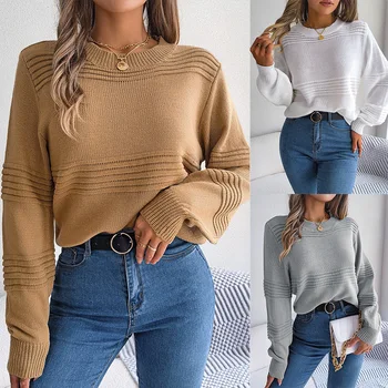 2023 Ins мода жени пуловер есен зима случайни плътен цвят сив бял каки дълъг ръкав плетен пуловер пуловер SR1197