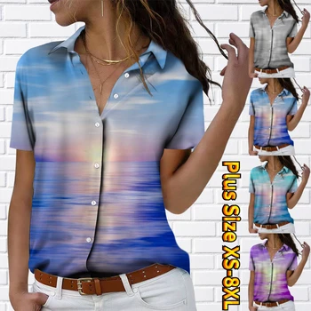 2023 V-образно деколте жените реколта щампи случайни риза блуза риза къс ръкав лято секси нов дизайн печат бутон върховете XS-8XL