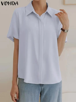 2023 VONDA летни жени блуза мода туника върховете случайни ревера яка къс ръкав бутон надолу плътен цвят ризи Blusas женски