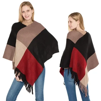 2023 Голяма решетка цвят съвпадение плетени топъл шал есен и зима нов пискюл пуловер нос пончо
