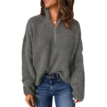 2023 Дамски пуловер с цип - V Neck буци плетени пуловер върхове