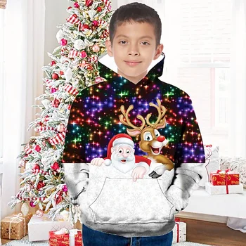 2023 Детски момчета Коледа сива врана пуловер графичен дълъг ръкав джоб деца отгоре открит активен сладък многоцветен зима