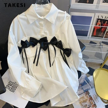 2023 Есен елегантен сладък завой надолу яка луксозна риза Жените причинно-следствена 3D лък декорация блузи единични гърди Tees отгоре