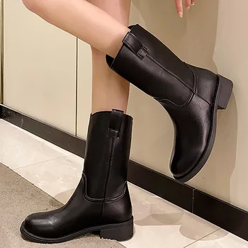 2023 Зимна мода дамски ботуши кръг пръсти дебел ток дамски платформени токчета естествена кожа дамски обувки ретро западни ботуши