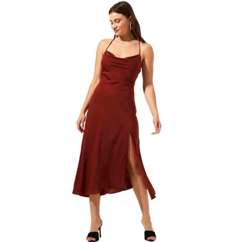2023 Лято реколта жени сатен приплъзване рокля спагети каишка страна цепка черен бордо коприна секси парти рокля Vestidos de fiesta