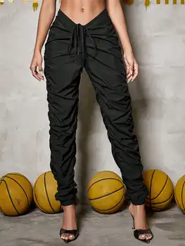 2023 Мода Жени Chic Ruched V шнур талията товарни панталони улица женски твърди хип-хоп заострени панталони
