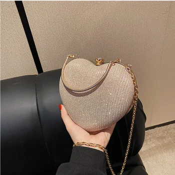 2023 Нов диамант женски вечер съединител чанти лъскав сърце форма метална чанта мода верига рамо чанта луксозен дама чанта
