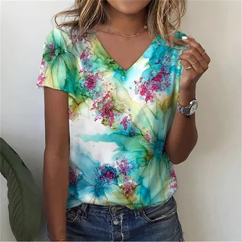2023 Случайни мода лято колоритен модел дамска тениска градиент 3D печат Daily къс ръкав V-образно деколте отгоре