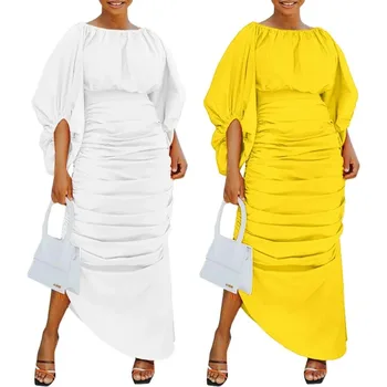 2024 Африкански рокли за жени Африка 3/4 фенер ръкав бял жълт плисе дълго макси рокля парти вечерни рокли тоалети S-3XL