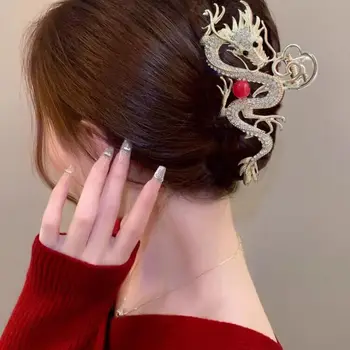 2024 Зодиакален дракон щипка за коса творчески китайски Нова година аксесоари за коса Кристал нокът за коса за жени забавно преувеличени бижута