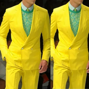 2024 Класически жълт двуреден блейзър Панталони Мъже Тънък годни костюми Най-добрите мъже Сватбено парти Смокинг Мъжки костюми за младоженци по поръчка