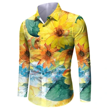 2024 Нова риза Мъже Нова есенна личност Отпечатани ризи с дълъг ръкав Мъжки ежедневни плюс размер цвете плаж хавайски риза мъжки върхове