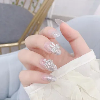 24Pcs/Set 3D Fake Nail Art Girls Fashion Shining Rhinestone Full Nails Tips Flowers Printing Bride Wedding Nails Tips With Glue
