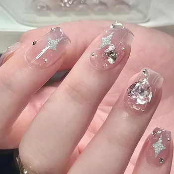 24Pcs бадемова розова диамантена преса върху ноктите изкуство безшевни подвижни фалшиви нокти с лепило балетен ковчег, носещ фалшиви нокти за многократна употреба