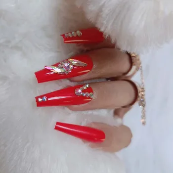 24pcs Най-новите луксозни бижута балет ковчег фалшив нокти кристал диамант секси червен