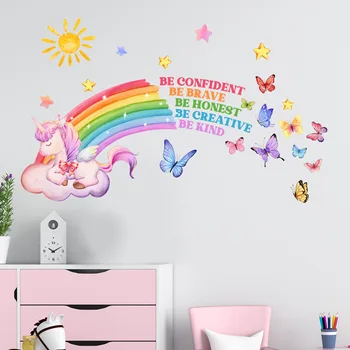 25*70см Английски Rainbow еднорог звезда карикатура стена стикери фон стена хол спалня декоративни стикери за стена ms6239
