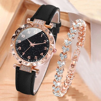 2PCS/Set Мода Rhinestone жени часовници гривна комплект женски кожени лента кварцов часовник