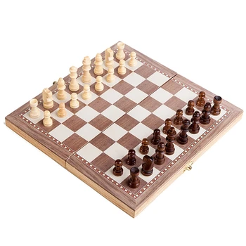 3 В 1 Дървен комплект шах и шашки Дървен шахматен комплект за деца Възрастни Пътуване Преносими сгъваеми шахматни игри
