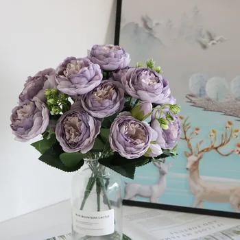 30cm Розов копринен божур изкуствени цветя букет 5 голяма глава и 4 пъпка евтини фалшиви цветя за домашна сватбена декорация на закрито