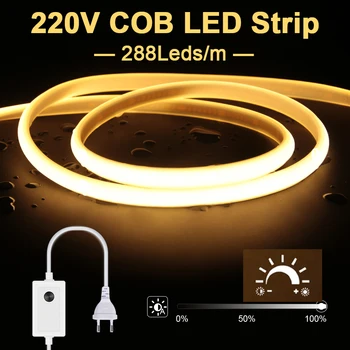 30M 50M COB LED лентови светлини 220V 288LEDs/m Switch EU Plug Водоустойчива гъвкава кочан неонова светлинна лента за стая на открито