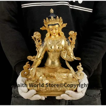 31CM голямо златно позлатяване Буда месингова статуя Будизъм ПОЧЕТНА Семейство ефективна защита Зелена Тара Гуанин Авалокитешвара Буда