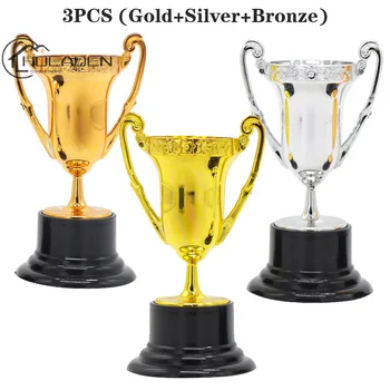 3PCS Студентски спортни състезания Награда Трофей Златни чаши Пластмасови мини деца награда играчки с база празнични подаръци парти игра