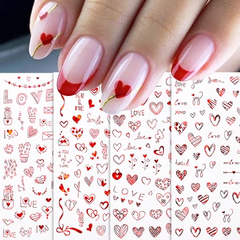 4Pcs 3D нокти изкуство ваденки блестящи блясък червен черен розов бял любов сърца лепило плъзгачи нокти стикери декор за нокти маникюр