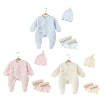 4Pieces Новородено шапка кърпа бебе гащеризон комплект мека дишаща екипировка бебе от съществено значение