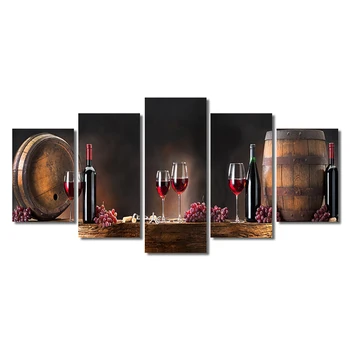 5 панел Абстрактно червено вино стъкло грозде дървени барел плакати и щампи Cuadros стена арт картини за хол декорация на дома