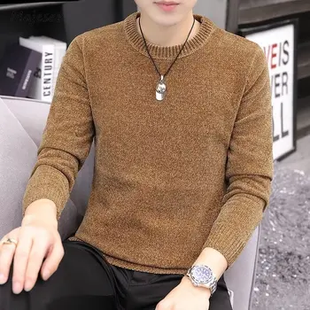 5 Цветни пуловери Мъже Есен Твърди Основни Прост японски стил трикотаж Удобни O-образно деколте Ежедневно топло фоайе Носете Harajuku Chic
