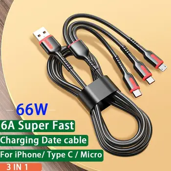 66W 6A USB тип C кабел за бързо зареждане за Xiaomi Redmi Samsung Realme OPPO аксесоари за мобилни телефони за iPhone 3A Micro USB