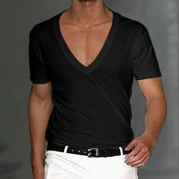 A2885 Мъжка тениска шорти ръкав дълбоко v-образно деколте върховете плътен цвят извънгабаритни тройници мъже streetwear хлабав пуловер T ризи пролетта