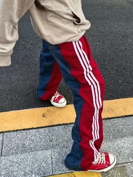 ADAgirl ретро широк деним пот панталони улично облекло червено пачуърк ниска талия прави дънки корейски случайни хип-хоп панталони Y2k за жени